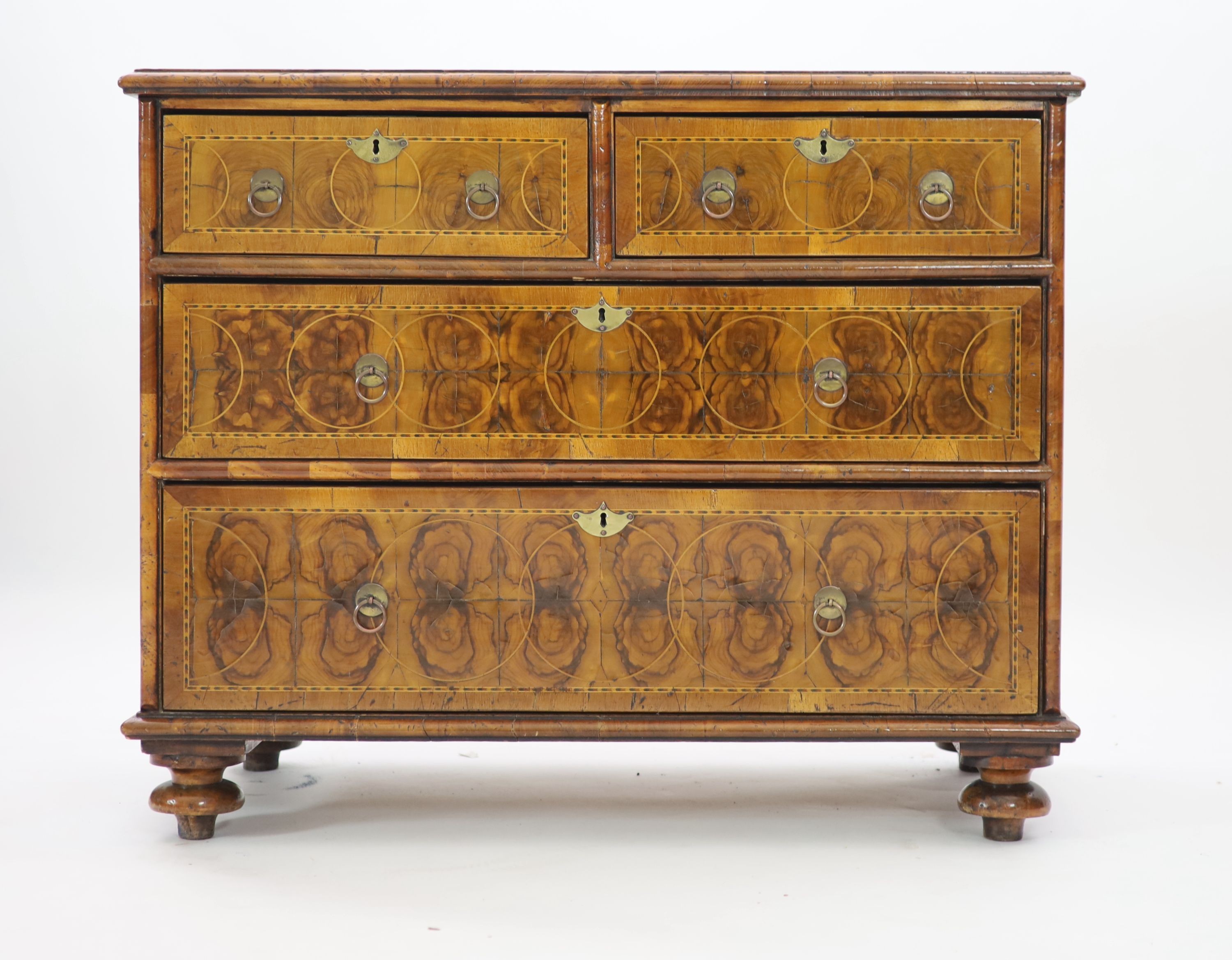 A William III and later oyster olive wood veneered chest, W.94cm D.48cm H.76cm